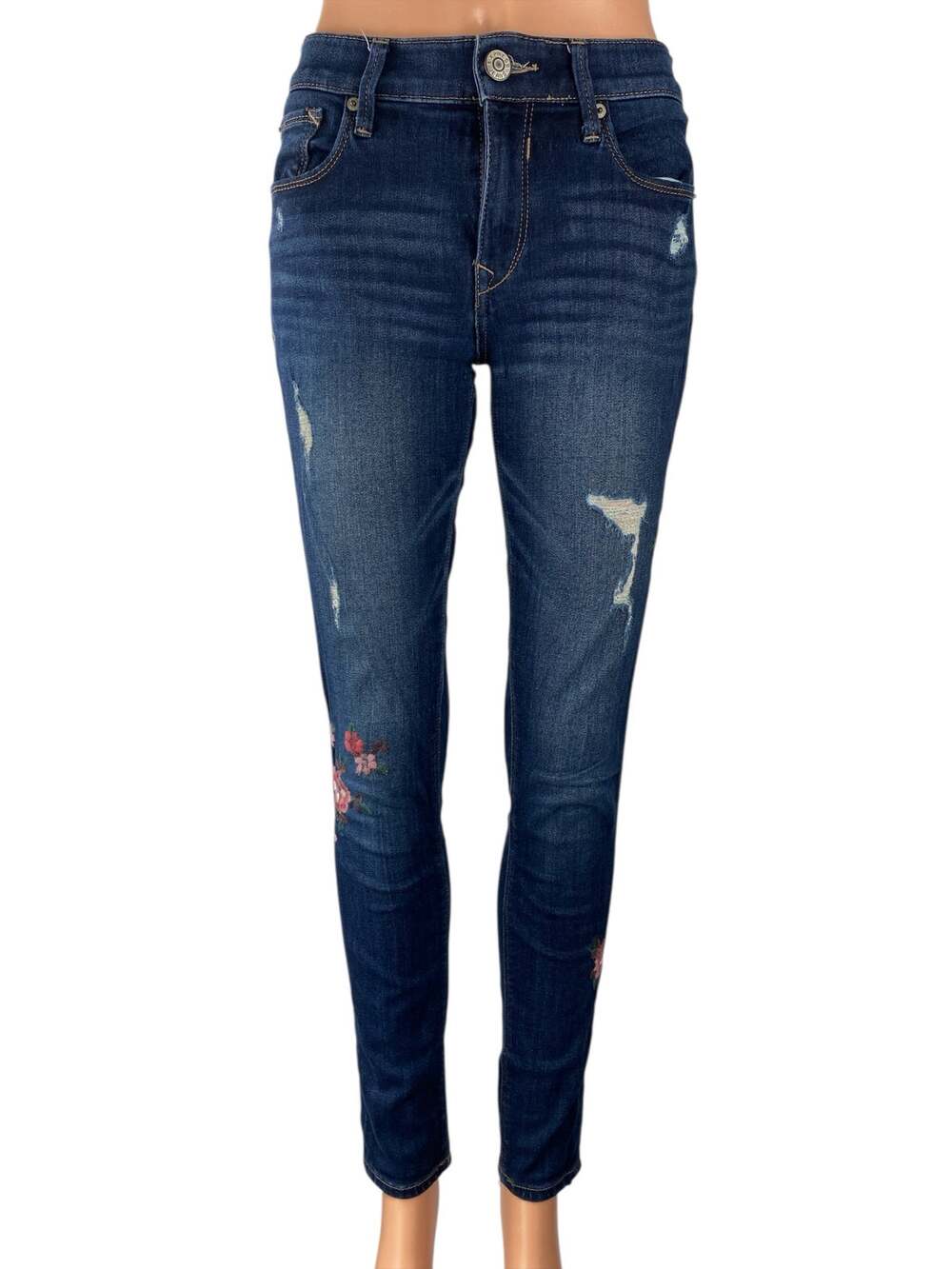 Express Stretch Blue Floral Embroidery Distressed Mid Rise Denim Jeans Pants 2